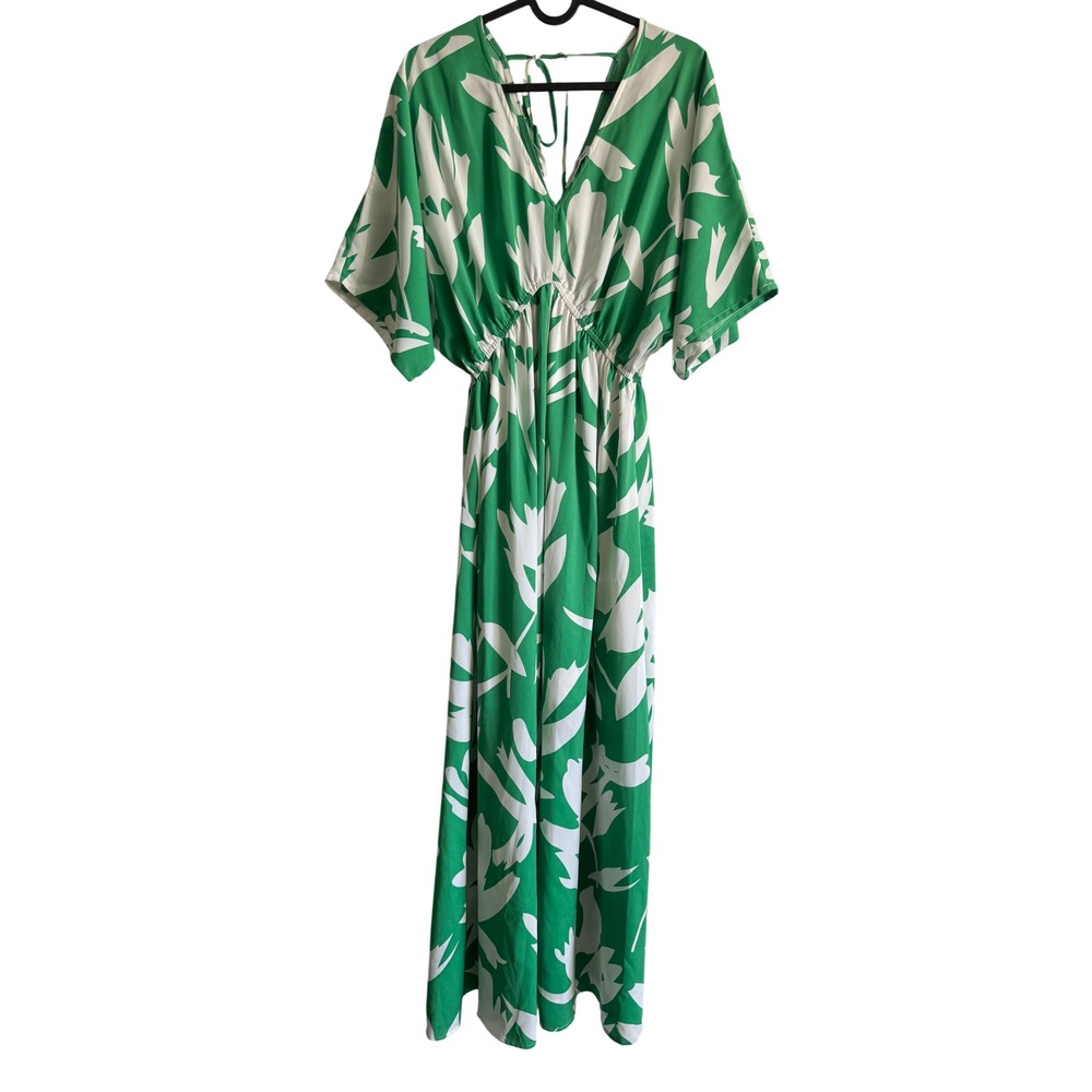 Magnolia Boutique Green White Floral Maxi Dress‎ V-Neck Tie Back Kimono Sleeve